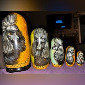 Vintage Signed Russian Matryoshka 5 Nesting Dolls, Realistic Poodle Portraits
